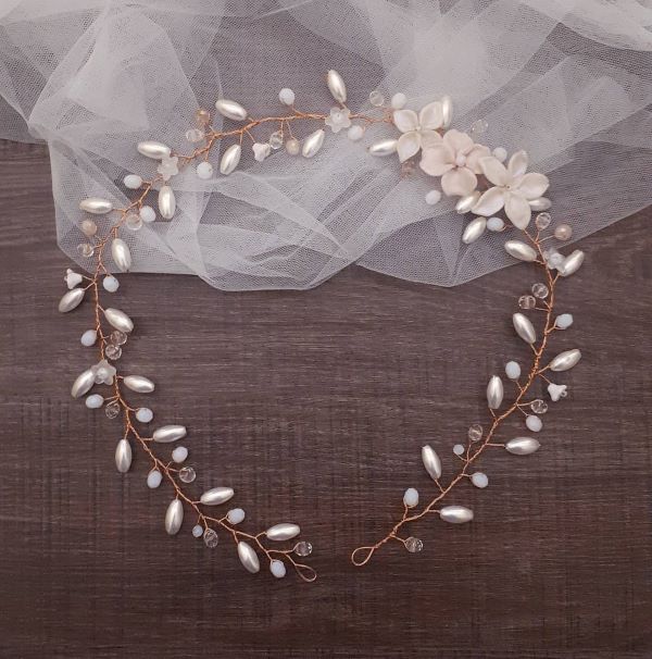 Coroncina sposa in rame con fiori modellati a mano