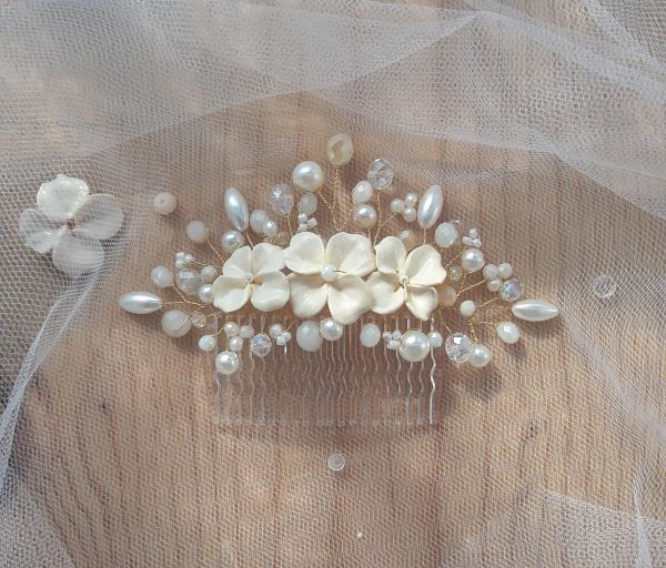 Pettinino fiori modellati a mano avorio