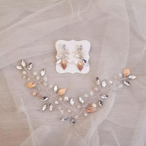Rametto per capelli in rose gold con orecchini abbinati